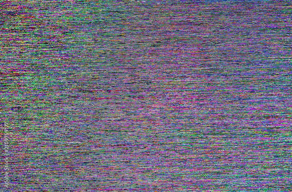 Obraz premium Macro close-up of a digital LED screen with fine colorful pixel noise and horizontal static. Abstract electronic error glitch background for technology concepts