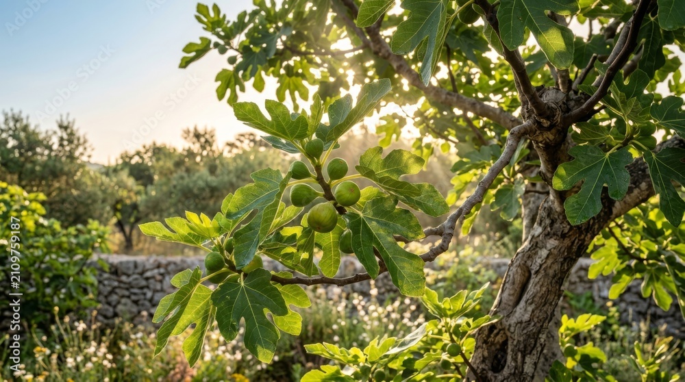 Fototapeta premium Ripe figs and lush green leaves on a fig tree branch in bright sunlight with bokeh background