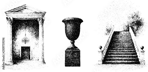 Classical temple facade, urn pedestal and sweeping stairway illustration set for architectural background and design use