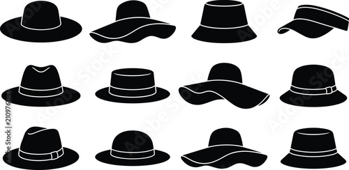 Quadro su tela Hat Silhouette Collection Featuring Sun Hats Bucket Hats Fedora and Visor Vector