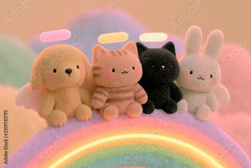 Cute digital illustration of a group of small animal plush toys including a dog, cat, rabbit, and bear sitting on a colorful rainbow against a pastel cloud background