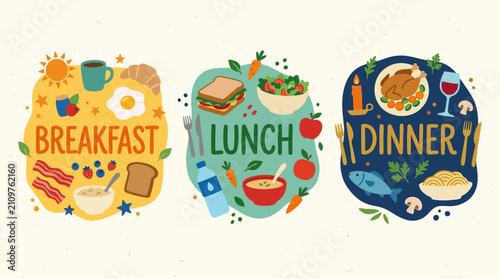 Konstfotografi Set of cute hand drawn illustrations representing breakfast lunch and dinner meal times