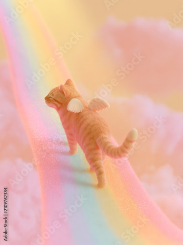 3D illustration of a cute orange tabby cat with angel wings walking on a colorful rainbow path against a dreamy pastel background with soft clouds