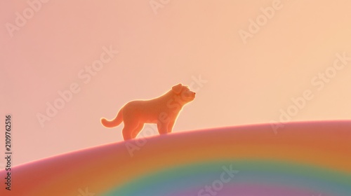 Silhouette of a small, cute dog standing on a rainbow against a pastel-colored sky, capturing a whimsical and dreamy atmosphere in a digital illustration