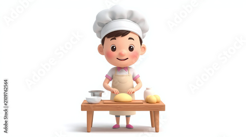 Cute 3D cartoon baker character kneading fresh bread dough on a wooden table. Minimal white background with copy space, ideal for bakery, cooking, food, education, and branding