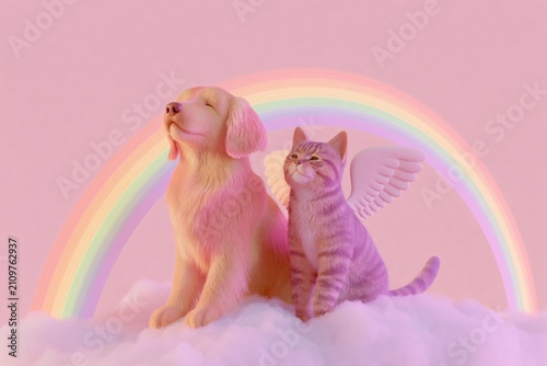 Cute 3D rendered golden retriever and cat with angel wings sitting on clouds under a rainbow against a pastel pink background