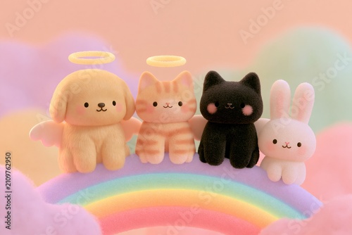 Cute digital illustration of a group of small plush animals including a dog, cat, rabbit, and bear, sitting on a colorful rainbow with fluffy clouds in a pastel background