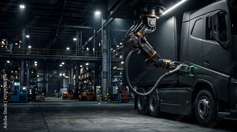 Fototapeta premium Electric autonomous truck charging at an automated logistics warehouse