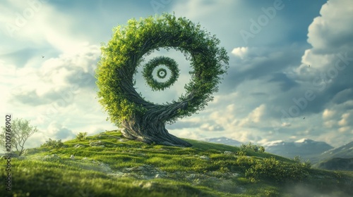 Enchanting, mystical tree with a circular, reflective center, situated on a grassy hilltop under a cloudy sky.  Vast, verdant landscape with hints of mountains and a tranquil atmosphere