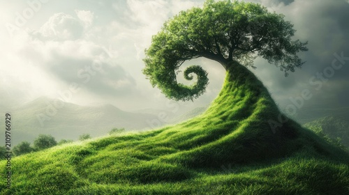 Spiral Tree on Lush Hillside