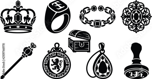 Obraz na plátne Black and white silhouette icon set of vintage royal jewelry, crown, and treasur