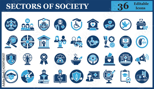 Executive Sectors of Society Icon Set Featuring Public Healthcare, Education, Community Development, Social Justice Equality, Human Rights Charity, Elder Care, and Disability Support