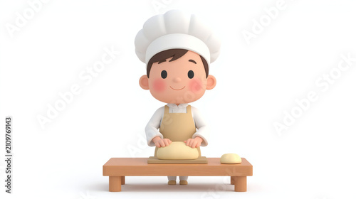 Cute 3D cartoon baker character kneading fresh bread dough on a wooden table. Minimal white background with copy space, ideal for bakery, cooking, food, education, and branding