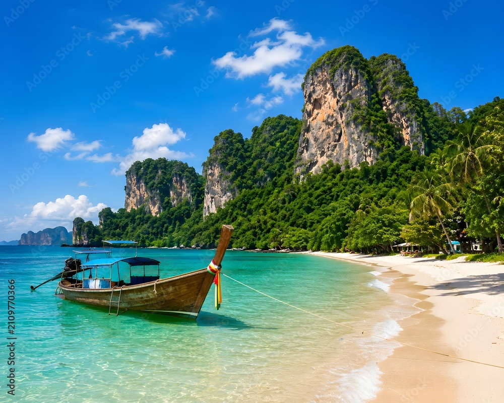 Obraz premium Traditional boat near tropical limestone cliffs and beach