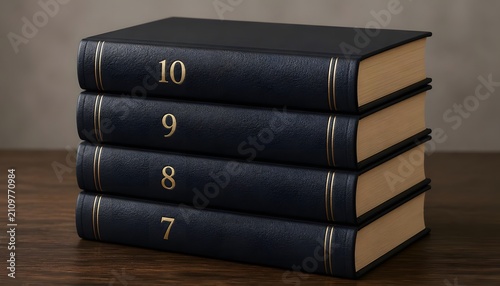 Stack of four dark leather books with gold numbers