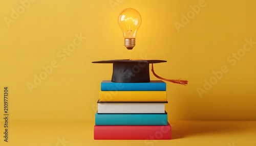 Graduation cap with lightbulb on colorful books stack