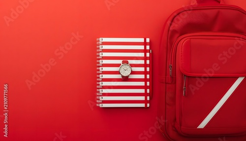 Colorful notebook with clock pencil holder on red background