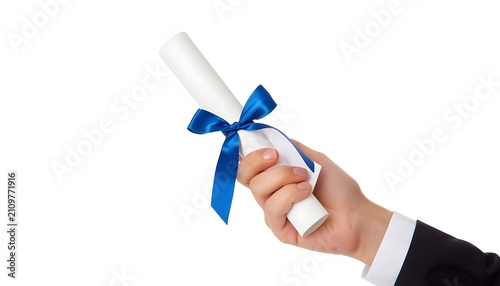 Hand holding rolled diploma with blue ribbon