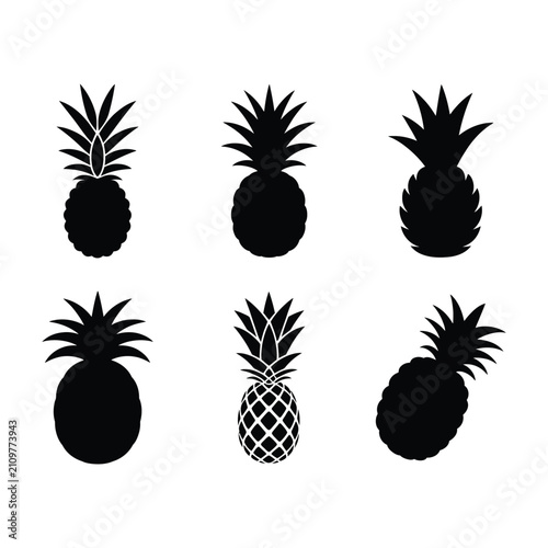 Black silhouette pineapple icon set isolated on white background.