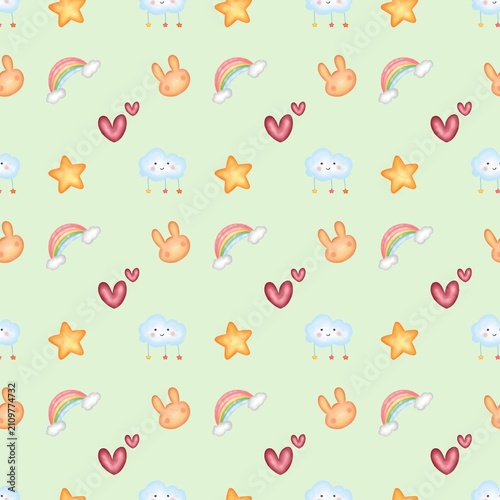 Nursery seamless pattern, completed with rabbit, star, live, and rainbow illustration on soft green background