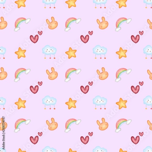 Nursery seamless pattern, completed with rabbit, star, live, and rainbow illustration on soft purple background