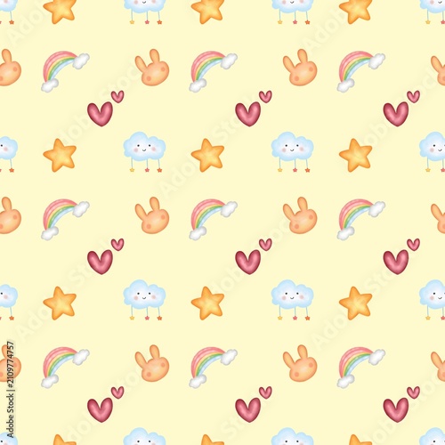 Nursery seamless pattern, completed with rabbit, star, live, and rainbow illustration on soft pink background