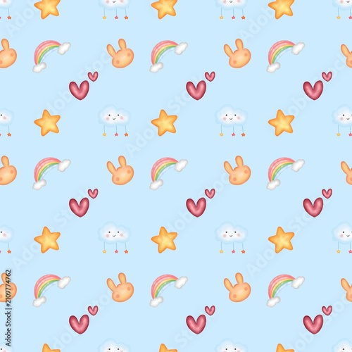 Nursery seamless pattern, completed with rabbit, star, live, and rainbow illustration on soft bluebackground