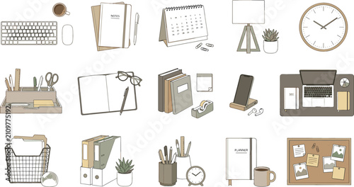 Minimalist home office desk supplies illustration set with calendar keyboard notebooks and stationery organizer elements for corporate productivity branding design