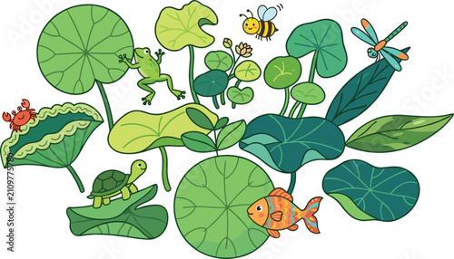 Bild auf Leinwand Cute cartoon pond life illustration with green lily pads fish turtle frog bee an