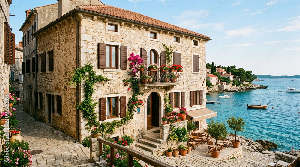 Obraz premium Charming Stone House with Flowers by the Adriatic Sea, Coastal Village Scenery