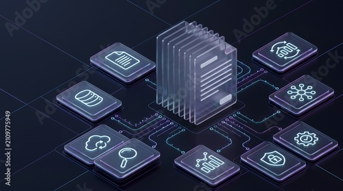 Enterprise content management system displaying digital document workflow automation and secure data archiving