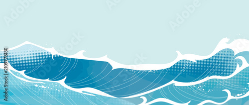 Ocean wave background vector. Abstract blue sea with rolling surf, white foam, halftone texture and hand drawn curved lines. Marine design for banner, poster, cover and wallpaper.