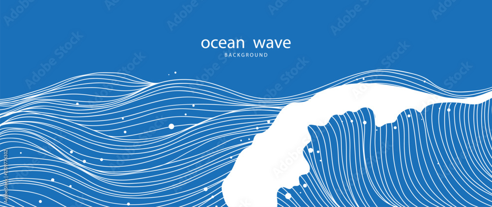 Obraz premium Ocean wave background vector. Abstract blue sea with flowing contour lines, curling surf and white foam. Modern marine illustration for banner, poster, cover, wallpaper and presentation.