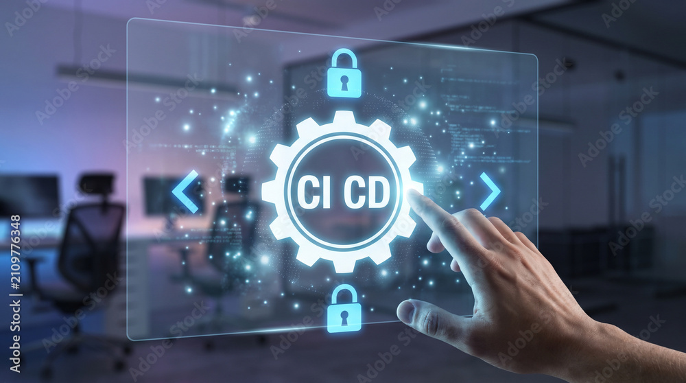 Fototapeta premium Digital hand interacting with a glowing futuristic interface displaying software development automation concepts and secure ci cd pipeline process integration