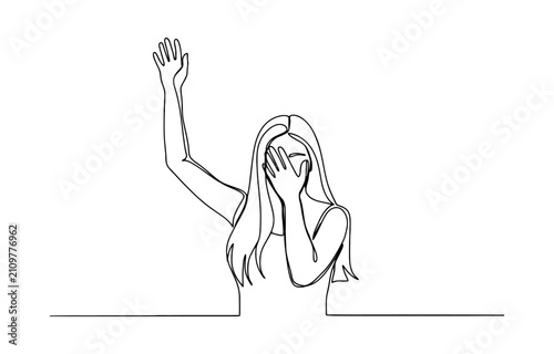 Foto Continuous single line drawing of a woman covering her face with one hand and ra