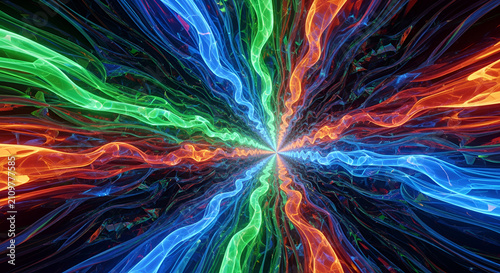 Vibrant abstract colorful fractal wave energy tunnel, glowing light patterns