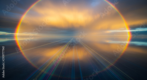 Vibrant Halo Around Sun Over Reflective Landscape at Dusk