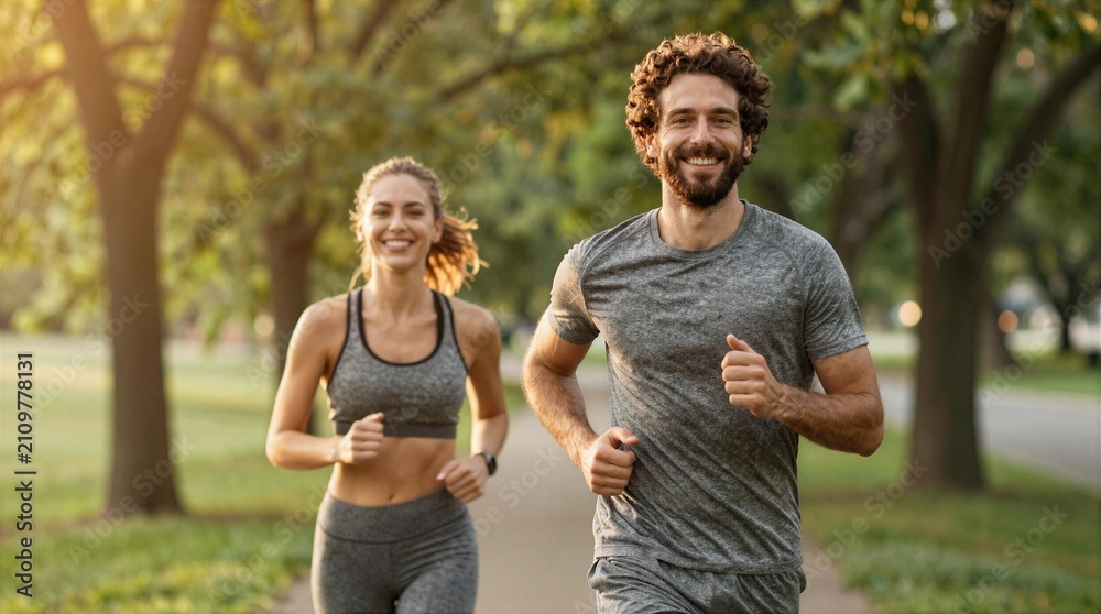 Fototapeta premium Couple runs together in a park during the early evening with sunlight shining through trees