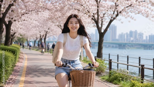 A cheerful young woman enjoying a bicycle ride along a scenic riverside path, surrounded by beautiful blooming cherry blossom trees on a bright spring day.
