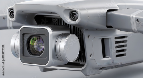 Close up view of professional drone gimbal camera lens with mechanical stabilization.
