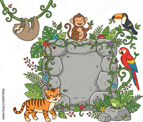 Photography Cute jungle animals surrounding blank stone frame board tiger monkey sloth touca