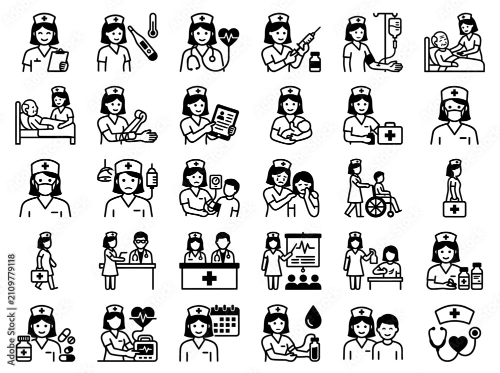 Fototapeta premium Nurse Icon Set: Medical Care, Health, Hospital, Doctor, Patient, Treatment
