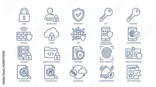 Digital Cyber Security Icon Set Featuring Linear Vector Illustrations Of Data Protection And Network Safety