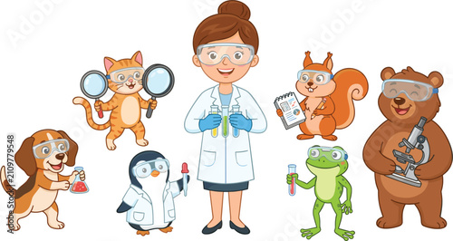 Female scientist teaching chemistry to cute animal characters using microscope test tubes and goggles vector cartoon illustration
