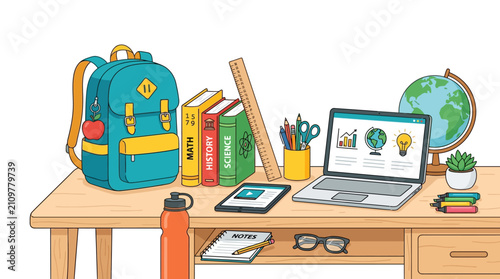 Digital Learning Classroom Desk Setup Illustration Featuring School Supplies and Academic Study Tools Interior View