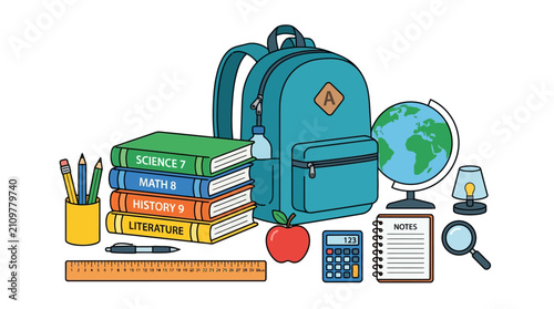 An Illustrated Collection of School Supplies Including a Backpack, Textbooks, and Stationery on White Background