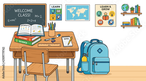 A Classroom Desk Setup Featuring School Supplies and Educational Posters in a Brightly Lit Academic Environment