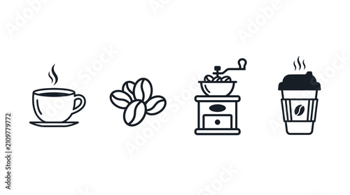 Set of Coffee Preparation Icons Featuring a Steaming Cup, Roasted Beans, Manual Grinder, and Disposable Cup