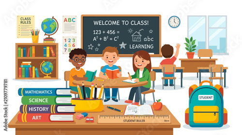 Diverse Students Learning Together in a Colorful Elementary Classroom - Vector Illustration Educational Scene