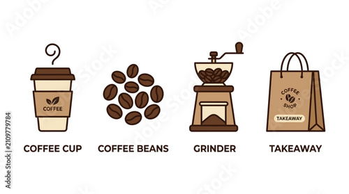 Vector icons set of coffee shop elements including takeaway cup, roasted beans, manual grinder and paper bag.